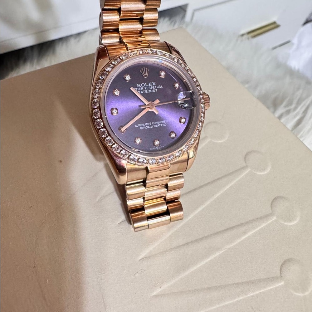 Rolex Rose Gold Watch with Diamond Bezel, Purple Dial - Picture 6 of 7